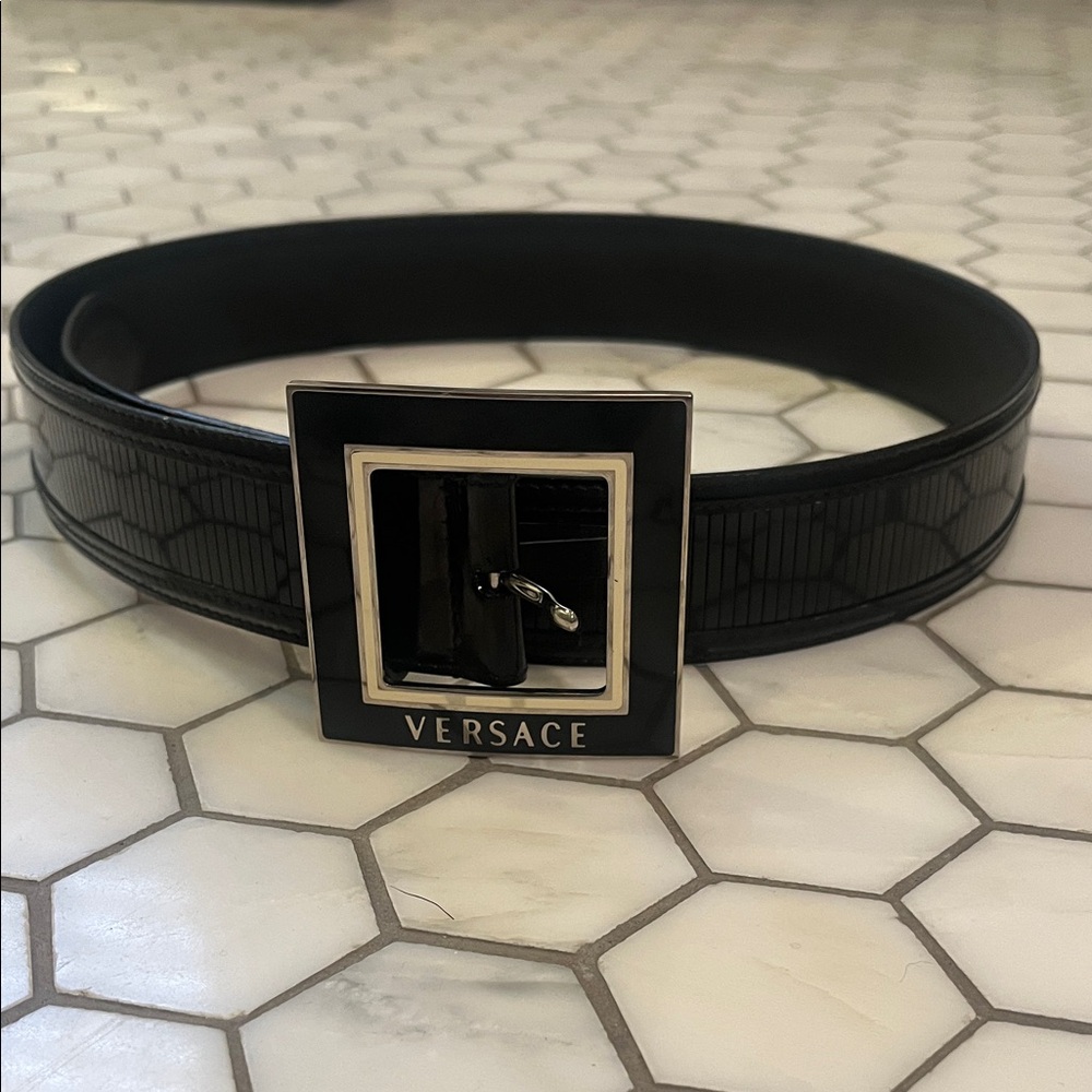 Authentic Versace Black Belt with Silver Square Buckle